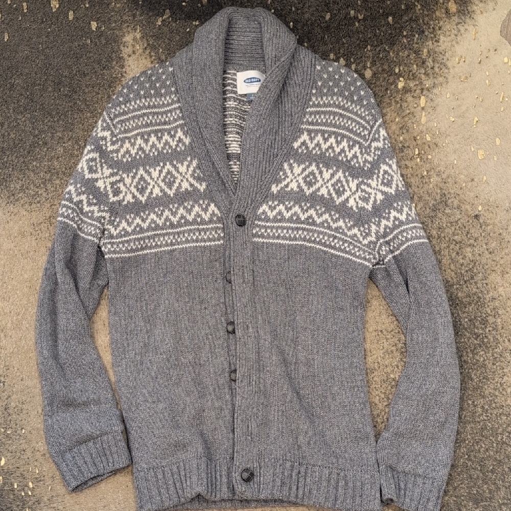 Old Navy Gray Cardigan Sweater with White Pattern